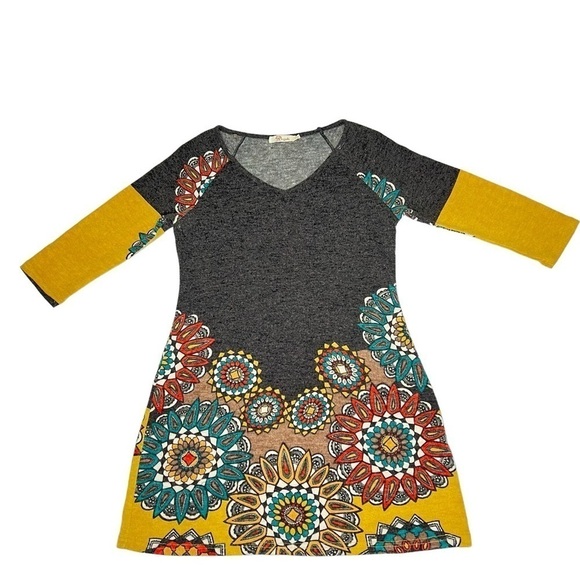 ARYEH Anthropologie Boho Geometric Artsy Mini Sweater Dress 3/4 Sleeves Size S - Picture 1 of 16